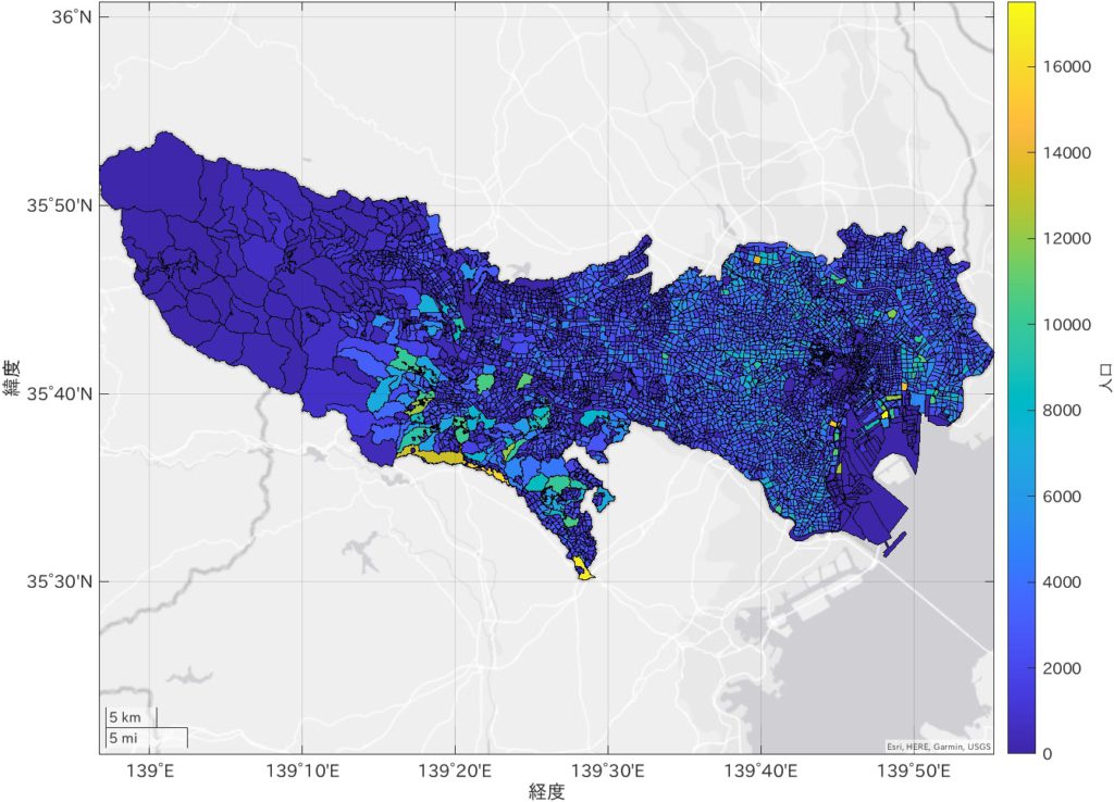 2015年の国勢調査より東京都の丁目毎の人口